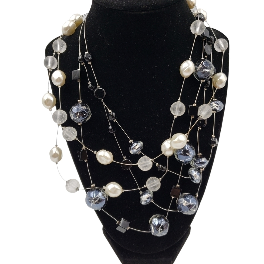 🔷️Faux Pearl Wire Necklaces Grey Blue White Opaque Shorter Length Costume …